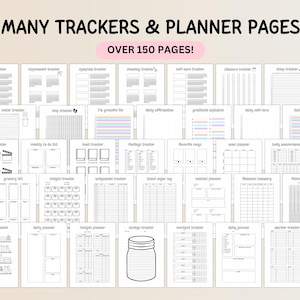 May include: A collection of planner pages with various trackers, including habit, sleep, and gratitude trackers. The pages are black and white with some pastel color accents. Text at the top reads "MANY TRACKERS & PLANNER PAGES" and "OVER 150 PAGES!"