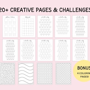 May include: A collection of printable activity sheets featuring the text 20+ CREATIVE PAGES & CHALLENGES. The set includes grids, calendars, and doodle prompts like umbrellas, hearts, and ghosts, plus a yellow circle labeled BONUS 4 COLORING PAGES!
