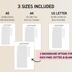 May include: A set of white mood tracker printables in A5 (5.8 x 8.3 inches), A4 (8.3 x 11.7 inches), and US Letter (8.5 x 11 inches) sizes. Each page includes a grid for tracking moods, with options for dotted and blank backgrounds. The text "mood tracker" is at the top of each page.