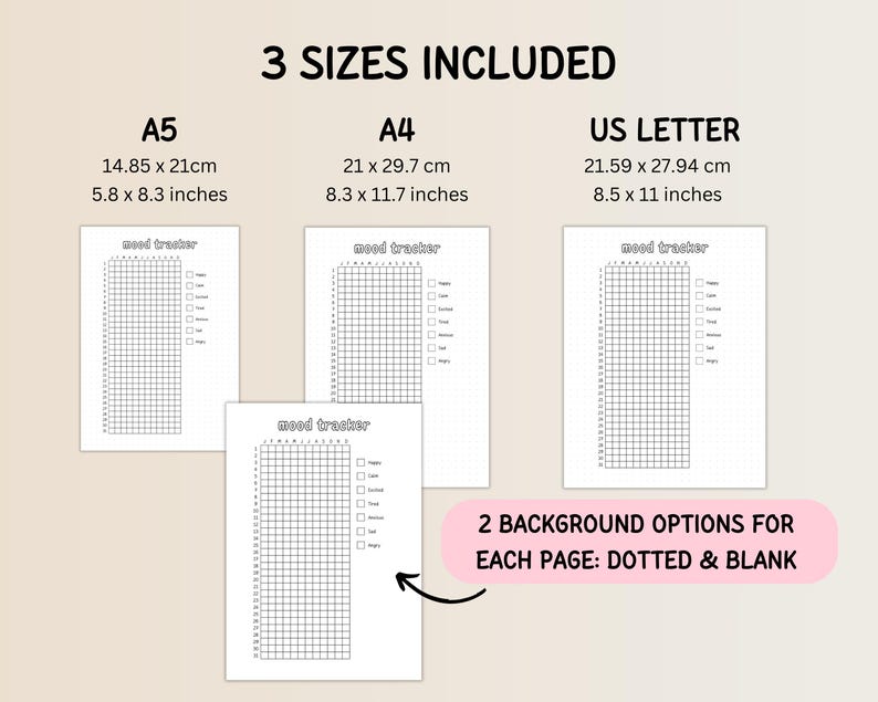 May include: A set of white mood tracker printables in A5 (5.8 x 8.3 inches), A4 (8.3 x 11.7 inches), and US Letter (8.5 x 11 inches) sizes. Each page includes a grid for tracking moods, with options for dotted and blank backgrounds. The text "mood tracker" is at the top of each page.
