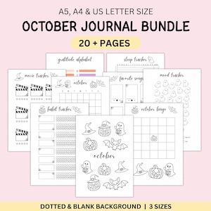 May include: A digital journal bundle featuring A5, A4, and US letter size pages with October-themed trackers. The black and white printable sheets include movie, sleep, habit, and mood trackers, plus bingo and gratitude logs with ghost and pumpkin art.