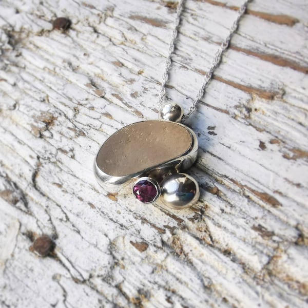 White frosted sea glass, sterling silver pebble and pink ruby necklace