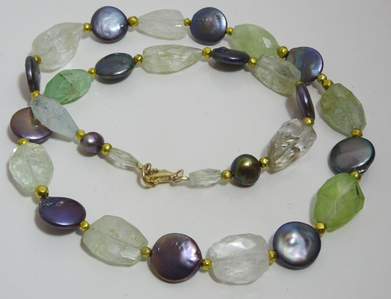 Black coin Pearls Aquamarine and gold wax beads necklace