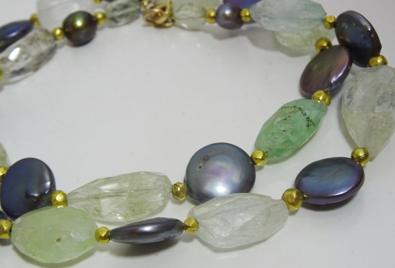 Black coin Pearls Aquamarine and gold wax beads necklace