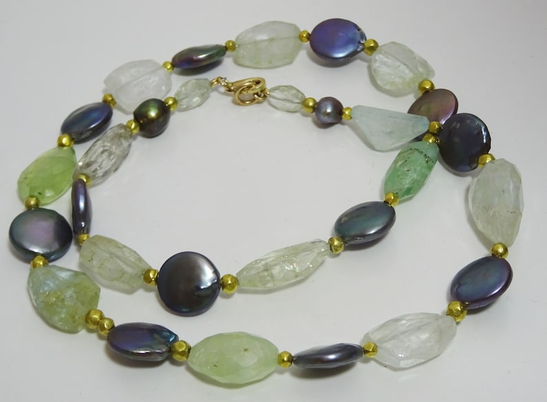 Black coin Pearls Aquamarine and gold wax beads necklace