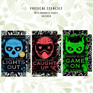May include: Three rectangular physical stencils from the Into Darkness series. The left stencil features a blue skull with X eyes, the center a red motorcycle helmet with heart eyes, and the right a green masquerade mask with heart eyes.