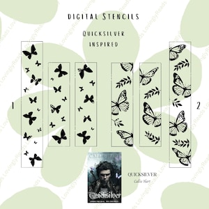 Puede incluir: Plantillas digitales con diseños de mariposas, inspiradas en "Quicksilver". La imagen presenta diseños rectangulares verticales con siluetas de mariposas negras y follaje. También se muestra la portada del libro "Quicksilver" de Callie Hart.