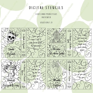 May include: Digital stencils inspired by Gods and Monsters, featuring intricate designs. The stencils include book cover art with skulls, thrones, dragons, and quotes. The text on the stencils includes "The Book of Azrael" and "The Wrath of the Fallen."