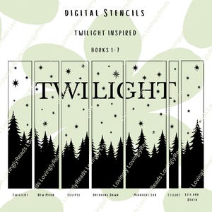 Puede incluir: Plantillas digitales inspiradas en la serie Crepúsculo, con un diseño de silueta de bosque. Las plantillas incluyen el texto "TWILIGHT" y los nombres de los libros 1-7. El diseño es en blanco y negro.