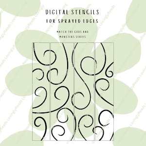 Puede incluir: Plantillas digitales para bordes rociados, con un diseño de remolino negro sobre un fondo verde claro. El texto dice "DIGITAL STENCILS FOR SPRAYED EDGES" y "MATCH THE GODS AND MONSTERS SERIES".
