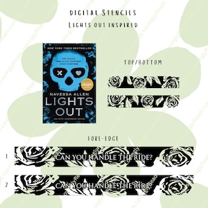 Puede incluir: Plantillas digitales inspiradas en "Lights Out" de Navessa Allen. La imagen presenta una portada de libro con un diseño de calavera azul, bordes florales y el texto "Can You Handle the Ride?"