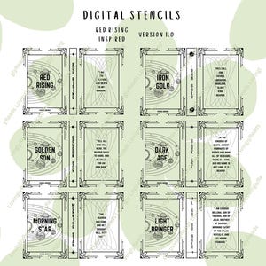 May include: Digital stencils inspired by the Red Rising series. The design features book covers with titles like "Red Rising," "Golden Son," and "Iron Gold." Each stencil has a decorative border and text.