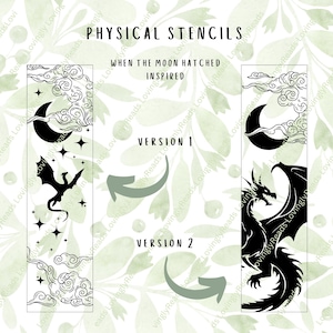 Könnte beinhalten: Schwarz-weiße Schablonen mit Drachen- und Mondmotiven. Der Text lautet "PHYSICAL STENCILS" und "WHEN THE MOON HATCHED INSPIRED". Gezeigt werden zwei Versionen, jeweils mit einem Drachen und einem Mond.