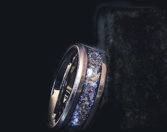 Meteorite tungsten Glow ring with 24k gold leaf , tungsten or black ceramic band, unique his and hers wedding band, anniversary glow ring
