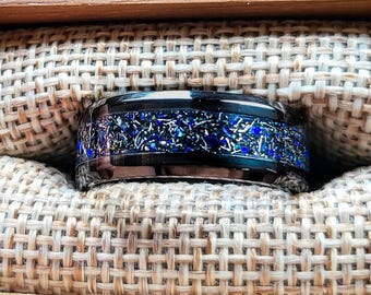 Blue Opal Meteorite Galaxy Ring, Engraved Tungsten Wedding Band