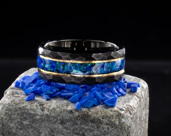 Blue Opal Ring on a Black hammered Tungsten band, engraving and personalization included for gift, wedding, anniversary present