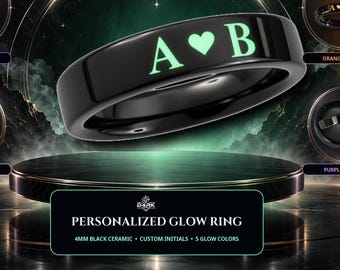 Personalized 4mm Black Ceramic Glow Ring with Engraved Initials and Heart for statement ring, wedding band