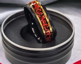 Red Opal Black Hammered Tungsten wedding band with Gold channel, all sizes for him anniversary wedding present, engraving included