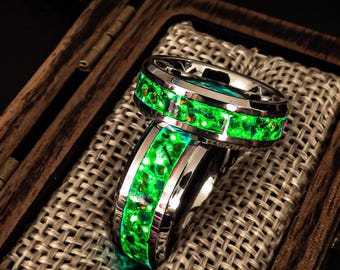 Green Opal Glow Ring, Tungsten or Ceramic Band, Custom Engraving