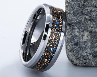 Meteorite Inlay Tungsten Ring: Blue Opal & Bronze - Engraved Wedding Band
