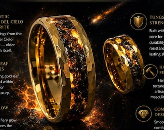 Mens unique wedding meteorite glow ring, Tungsten or black ceramic band with personalization included, wedding, anniversary gift