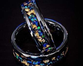 Blue Opal Gold Leaf Ring, Tungsten or Ceramic Band, Engraved Wedding Jewelry