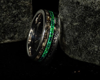 Meteorite and T-Rex dinosaur bone and Opal glow ring with tungsten band all sizes for him or her wedding band unique anniversary present