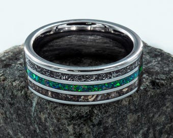 Meteorite and T-Rex dinosaur bone and Opal glow ring with tungsten band all sizes for him or her wedding band unique anniversary present