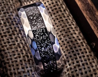 Meteorite Ring, Diamond Dust Inlay, Tungsten or Ceramic Band, Engraved Wedding Ring