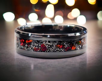 Meteorite shavings and red lava opal black ceramic or tungsten style ring for him or her wedding, anniversary, engraving included
