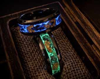 Meteorite Glow ring with gold leaf, Tungsten or Black ceramic, unique his and hers wedding band, custom gift, personalization included