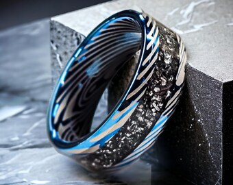 Blue Tungsten Meteorite Ring with Damascus Pattern Band, personalization and Engraving Included