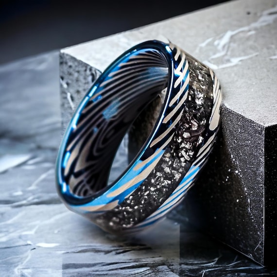Blue Tungsten Meteorite Ring with Damascus Pattern Band, personalization and Engraving Included