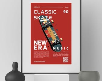 Classic Skateboard Poster 90s - Retro Skatemag Art Print with Punk Bands - Skateboard Art PDF Download (300dpi, 20 x 30 cm)