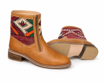Boho Brown Leather Ankle Boots, Moroccan Woven Pattern Booties, Ethnic Women’s Short Boots