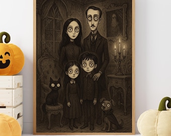 Personalized Gothic Family Portrait with Pets: Haunted Halloween Decor (Digital Download