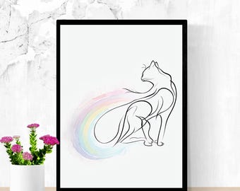 May include: A black and white line drawing of a cat with a rainbow tail. The cat is sitting on a white background.