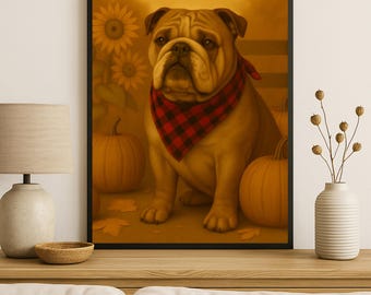 May include: A framed print featuring a tan bulldog wearing a red and black plaid bandana. The dog is surrounded by pumpkins, sunflowers, and autumn leaves. The artwork has a warm, autumnal color palette.