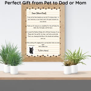 May include: A wooden framed print with a message from a pet to a parent. The text is on lined paper, with paw prints around the border. A photo of a black cat is included. The words "Perfect Gift from Pet to Dad or Mom" are at the top.