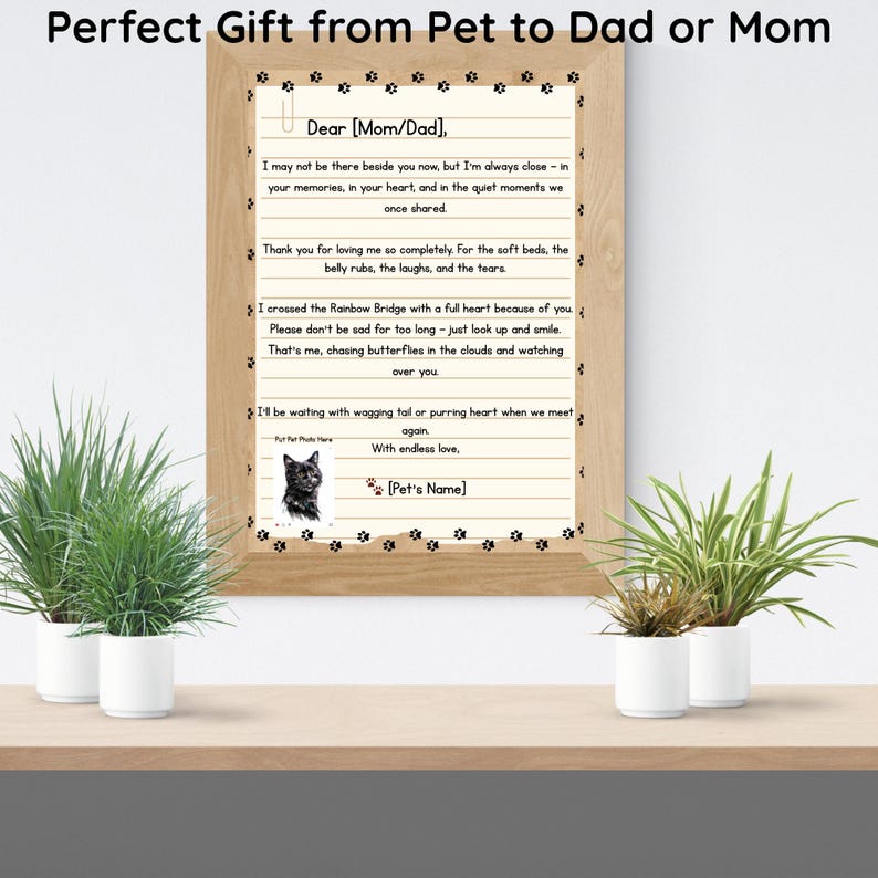 May include: A wooden framed print with a message from a pet to a parent. The text is on lined paper, with paw prints around the border. A photo of a black cat is included. The words "Perfect Gift from Pet to Dad or Mom" are at the top.