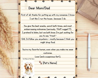 Lettera divertente per animali domestici: ritratto personalizzato di animali domestici ad acquerello, modello Canva modificabile (download digitale)