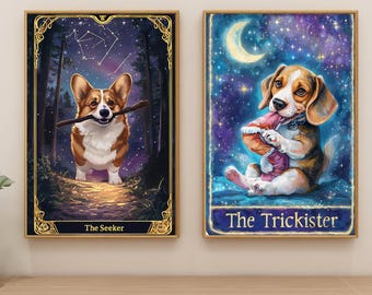 May include: Two framed art prints featuring dogs. One shows a Corgi with a stick, the text "The Seeker" is below. The other shows a Beagle with a treat, the text "The Trickster" is below. Both have gold frames.