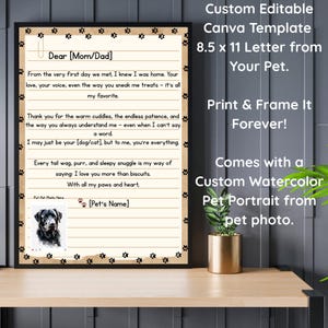 Plantilla de Canva editable para carta de mascota con retrato personalizado, regalo conmovedor imprimible de perro o gato, arte conmemorativo digital personalizado para papá de mascota.