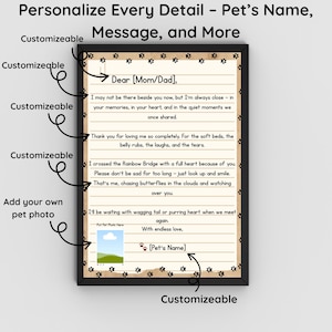 May include: A framed pet memorial print with a handwritten letter design. The text includes a message of love and remembrance, with space for a pet photo and name. The frame is black.