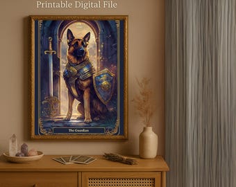 May include: A framed digital print featuring a German Shepherd in armour, holding a shield and sword, labelled "The Guardian." The artwork is set against an archway backdrop with the text "Custom Pet Tarot Card Printable Digital File."