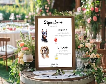 Custom Pet Wedding Bar Sign, Signature Drink Menu with Pet Portraits for Receptions, Rehearsal Dinners, Digital Download