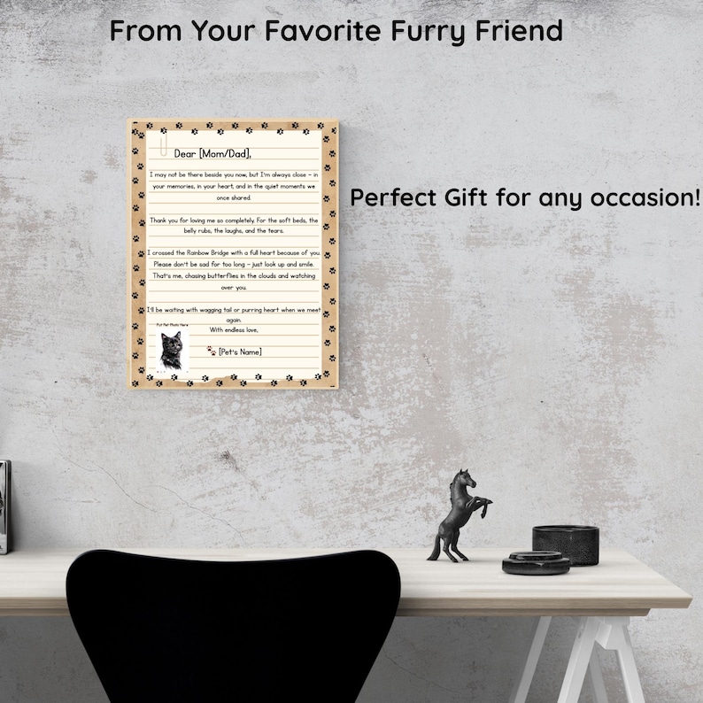 May include: A framed print with a beige border and paw print accents. The print features a handwritten letter from a pet, with the text "From Your Favorite Furry Friend" at the top. The text "Perfect Gift for any occasion!" is on the right.