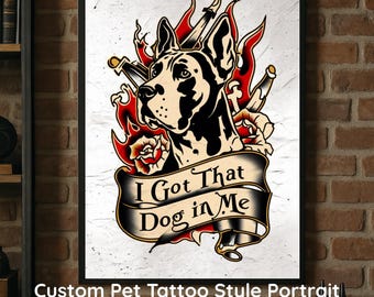 Custom Pet Tattoo Portrait, Old School Flash Art, Vintage Dog Cat Wall Decor, Printable Pet Gift with Banner Text, Unique Tattoo Style Art