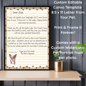 Plantilla de carta editable para mascotas en Canva, imprimible, regalo personalizado para el Día del Padre de un perro o gato, retrato divertido y personalizado de acuarela para tu mascota.