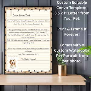 Carta divertida y editable para mascotas con retrato de mascota en acuarela personalizado, plantilla imprimible en Canva. Regalo personalizado de perro o gato para amantes de las mascotas.